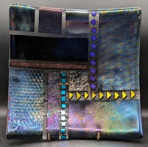 Lisa Mote 2003 Dichroic Iridescent Fused Glass Square Dish, Signed Studio Glass